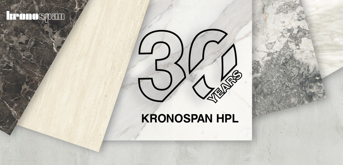 30 lat Kronospan HPL — dekory marmuru i znak jubileuszowy