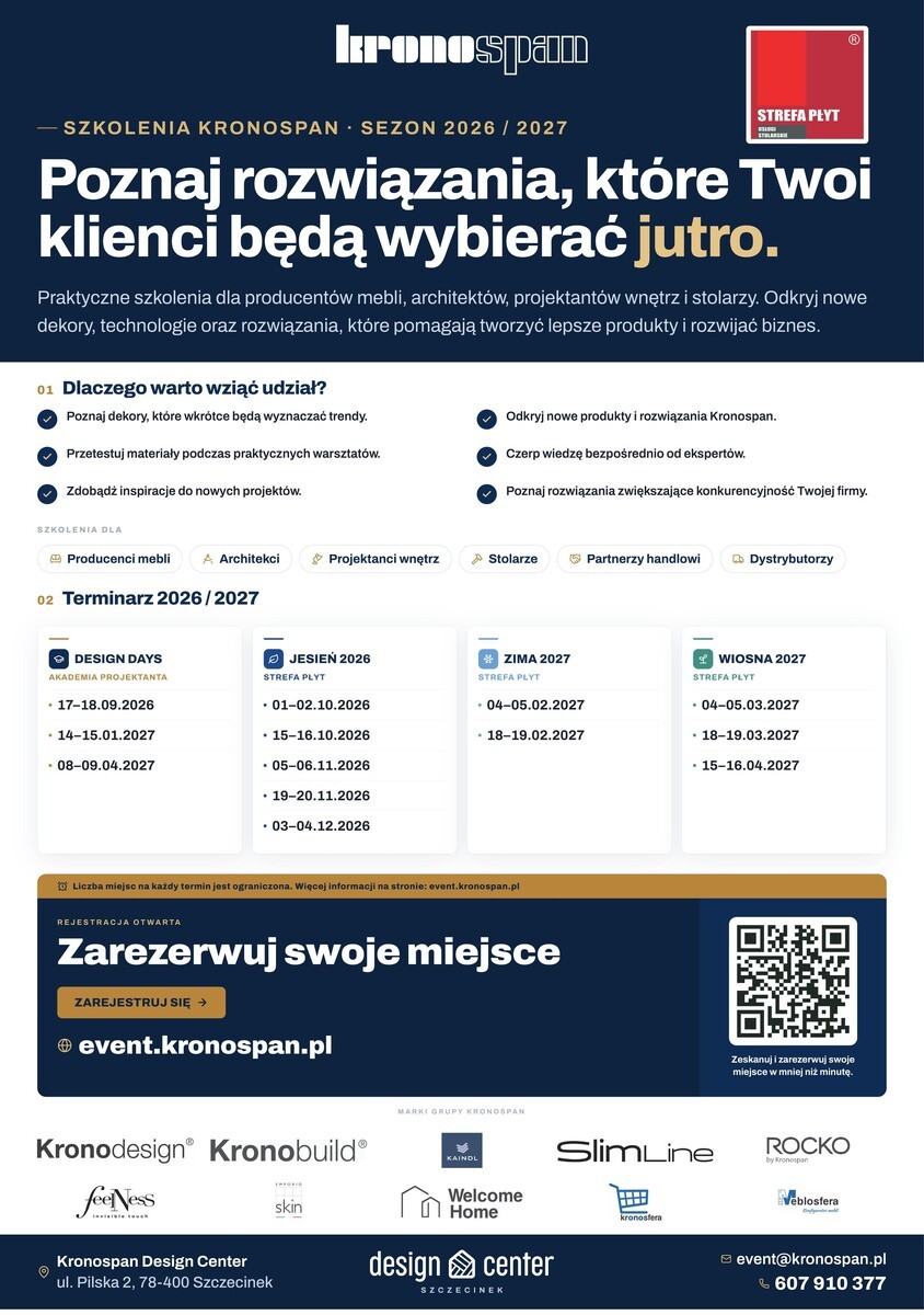 Plakat szkoleń Kronospan Design Center — Strefa Płyt, sezon 2026/2027